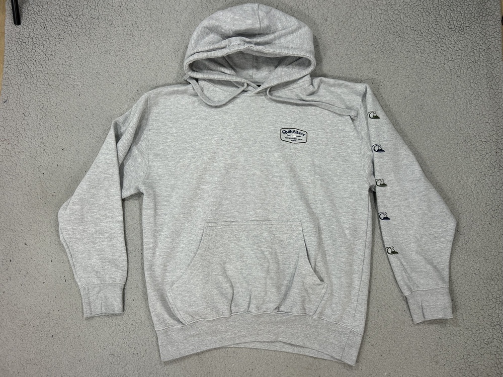 Y2K Quiksilver Hoodie Mens Medium Gray Surf Beach Skate Back Graphic